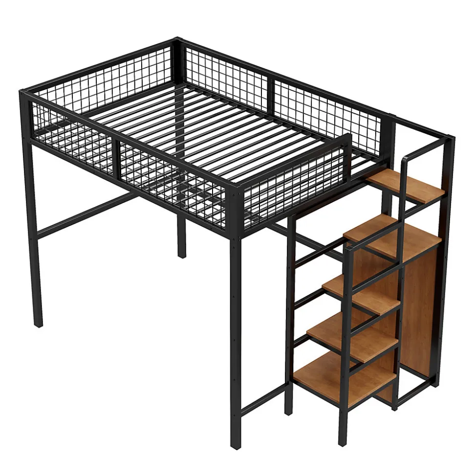 Lit superposé 140x200 cm avec armoire intégrée et échelle sécurisée, structure métal noir