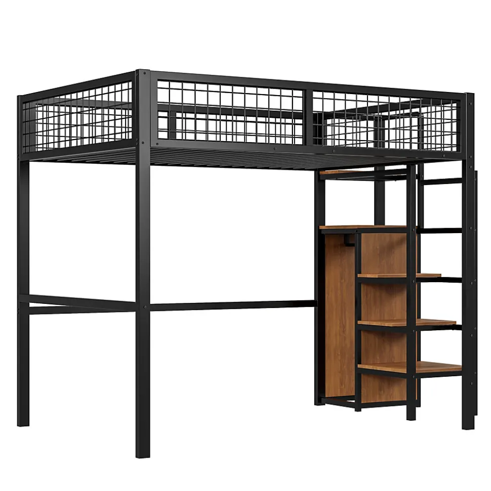 Lit superposé 140x200 cm avec armoire intégrée et échelle sécurisée, structure métal noir