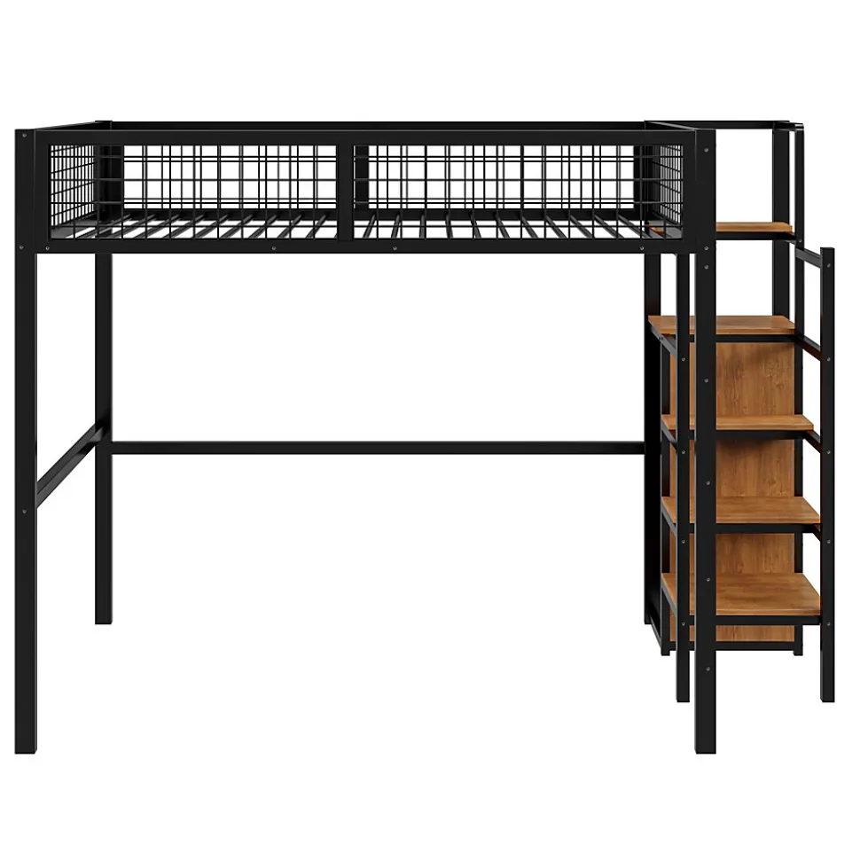 Lit superposé 140x200 cm avec armoire intégrée et échelle sécurisée, structure métal noir