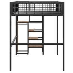 Lit superposé 140x200 cm avec armoire intégrée et échelle sécurisée, structure métal noir