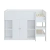 Lit superposé 90x200 cm avec armoire et étagères intégrées, échelle incluse, structure en bois massif blanc et gris