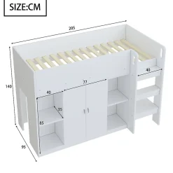Lit superposé 90x200 cm avec armoire et étagères intégrées, échelle incluse, structure en bois massif blanc et gris