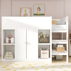 Lit superposé 90x200 cm avec armoire et étagères intégrées, échelle incluse, structure en bois massif blanc et gris