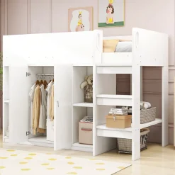 Lit superposé 90x200 cm avec armoire et étagères intégrées, échelle incluse, structure en bois massif blanc et gris
