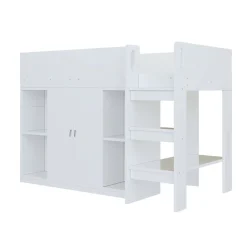 Lit superposé 90x200 cm avec armoire et étagères intégrées, échelle incluse, structure en bois massif blanc et gris