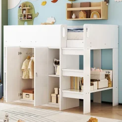 Lit superposé 90x200 cm avec armoire et étagères intégrées, échelle incluse, structure en bois massif blanc et gris