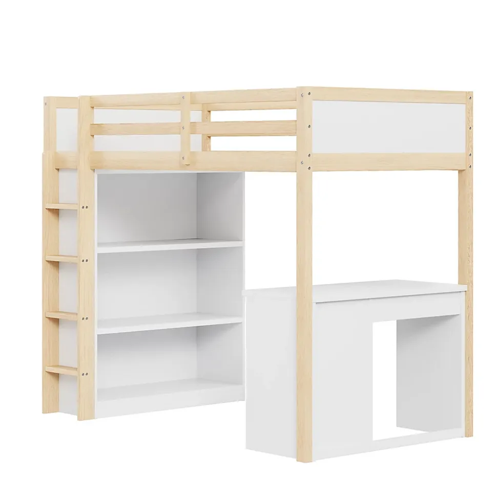 Lit superposé 90x200 cm avec bureau modulable et armoire de rangement en bois naturel