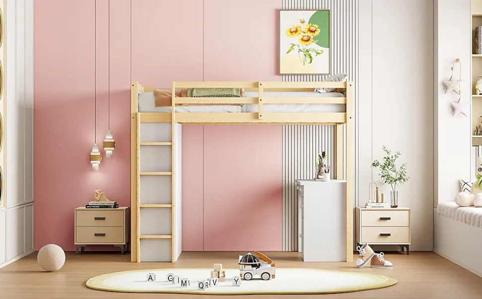 Lit superposé 90x200 cm avec bureau modulable et armoire de rangement en bois naturel