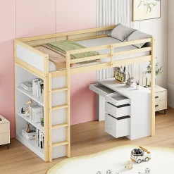 Lit superposé 90x200 cm avec bureau modulable et armoire de rangement en bois naturel