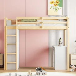 Lit superposé 90x200 cm avec bureau modulable et armoire de rangement en bois naturel