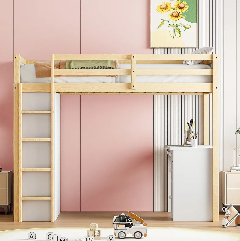 Lit superposé 90x200 cm avec bureau modulable et armoire de rangement en bois naturel