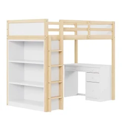 Lit superposé 90x200 cm avec bureau modulable et armoire de rangement en bois naturel
