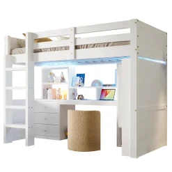 Lit superposé 90x200 cm avec bureau intégré et armoire intégrée en pin massif blanc
