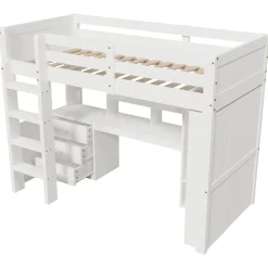 Lit superposé 90x200 cm avec bureau intégré et armoire intégrée en pin massif blanc