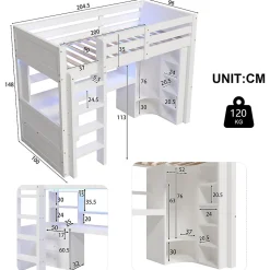 Lit superposé 90x200 cm avec bureau intégré et armoire intégrée en pin massif blanc
