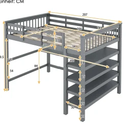 Lit superposé 140x200 cm avec bureau intégré et étagères en pin massif et MDF, finition grise, gain de place