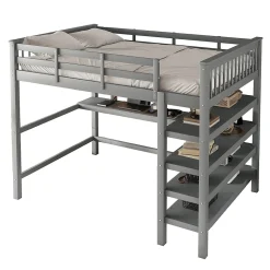 Lit superposé 140x200 cm avec bureau intégré et étagères en pin massif et MDF, finition grise, gain de place