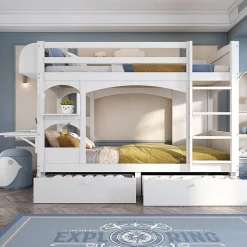 Lit superposé 90x200 cm avec bureau rabattable, 2 tiroirs et sommier à lattes, structure bois massif