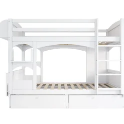 Lit superposé 90x200 cm avec bureau rabattable, 2 tiroirs et sommier à lattes, structure bois massif