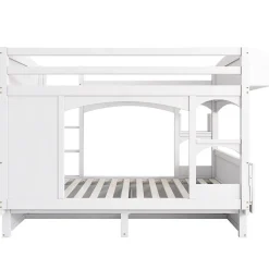 Lit superposé 90x200 cm avec bureau rabattable, 2 tiroirs et sommier à lattes, structure bois massif