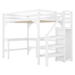 Lit superposé 140x200 cm avec bureau en L et escalier à rangement, structure pin et MDF, minimaliste blanc