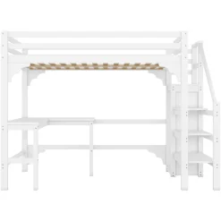 Lit superposé 140x200 cm avec bureau en L et escalier à rangement, structure pin et MDF, minimaliste blanc