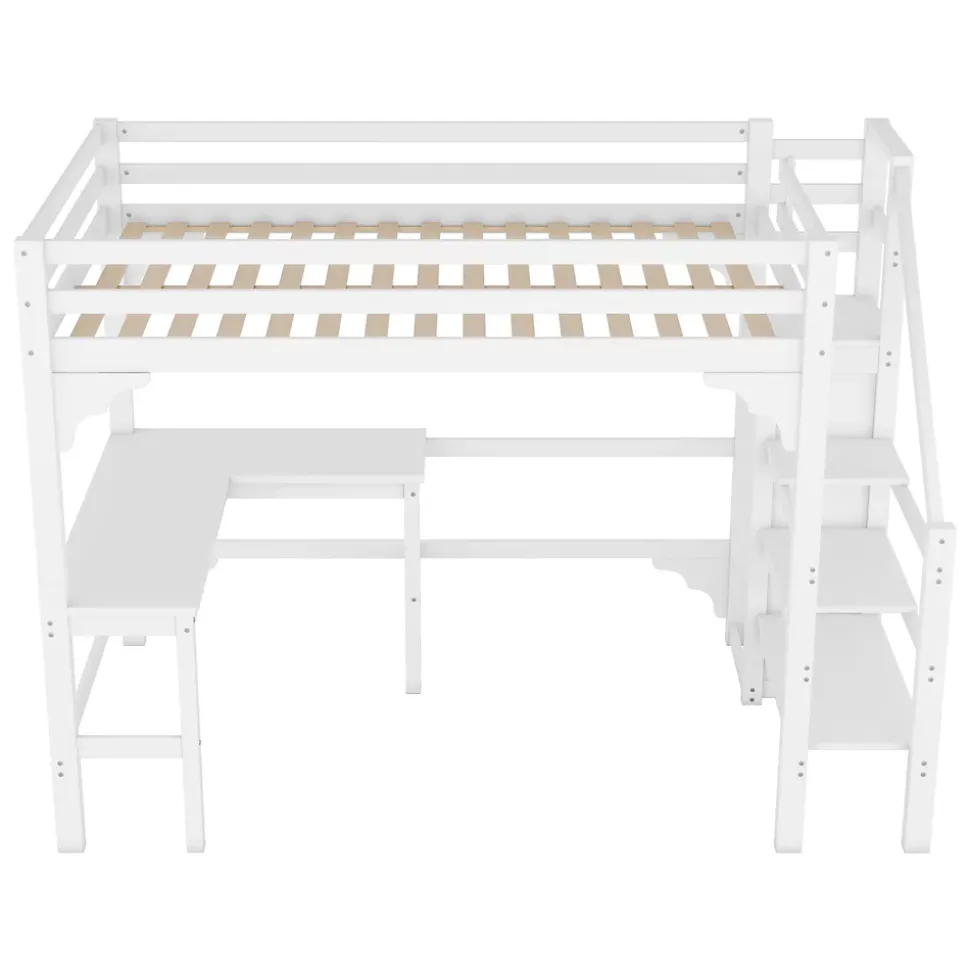 Lit superposé 140x200 cm avec bureau en L et escalier à rangement, structure pin et MDF, minimaliste blanc