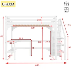 Lit superposé 140x200 cm avec bureau en L et escalier à rangement, structure pin et MDF, minimaliste blanc