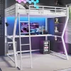 Lit superposé 140x200 cm avec bureau intégré, étagère ordinateur et bande LED, structure métal et MDF, blanc