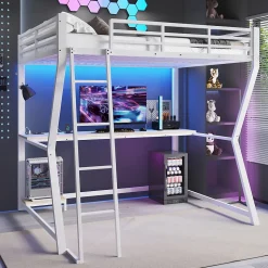 Lit superposé 140x200 cm avec bureau intégré, étagère ordinateur et bande LED, structure métal et MDF, blanc
