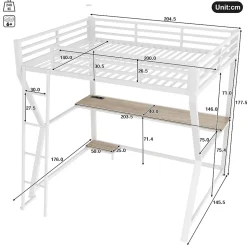 Lit superposé 140x200 cm avec bureau intégré, étagère ordinateur et bande LED, structure métal et MDF, blanc