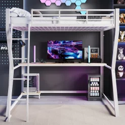 Lit superposé 140x200 cm avec bureau intégré, étagère ordinateur et bande LED, structure métal et MDF, blanc