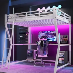 Lit superposé 140x200 cm avec bureau intégré, étagère ordinateur et bande LED, structure métal et MDF, blanc