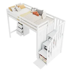 Lit superposé 90x200 cm avec bureau intégré, armoire et tiroirs en bois massif blanc