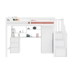 Lit superposé 90x200 cm avec bureau intégré, armoire et tiroirs en bois massif blanc