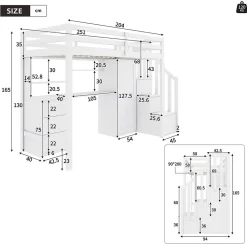 Lit superposé 90x200 cm avec bureau intégré, armoire et tiroirs en bois massif blanc