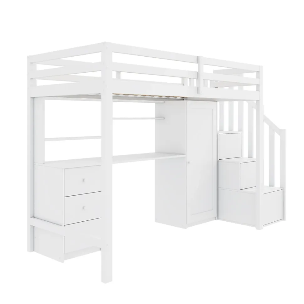 Lit superposé 90x200 cm avec bureau intégré, armoire et tiroirs en bois massif blanc