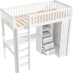 Lit superposé 90x200 cm avec bureau intégré et armoire, structure en pin et MDF, finition blanche