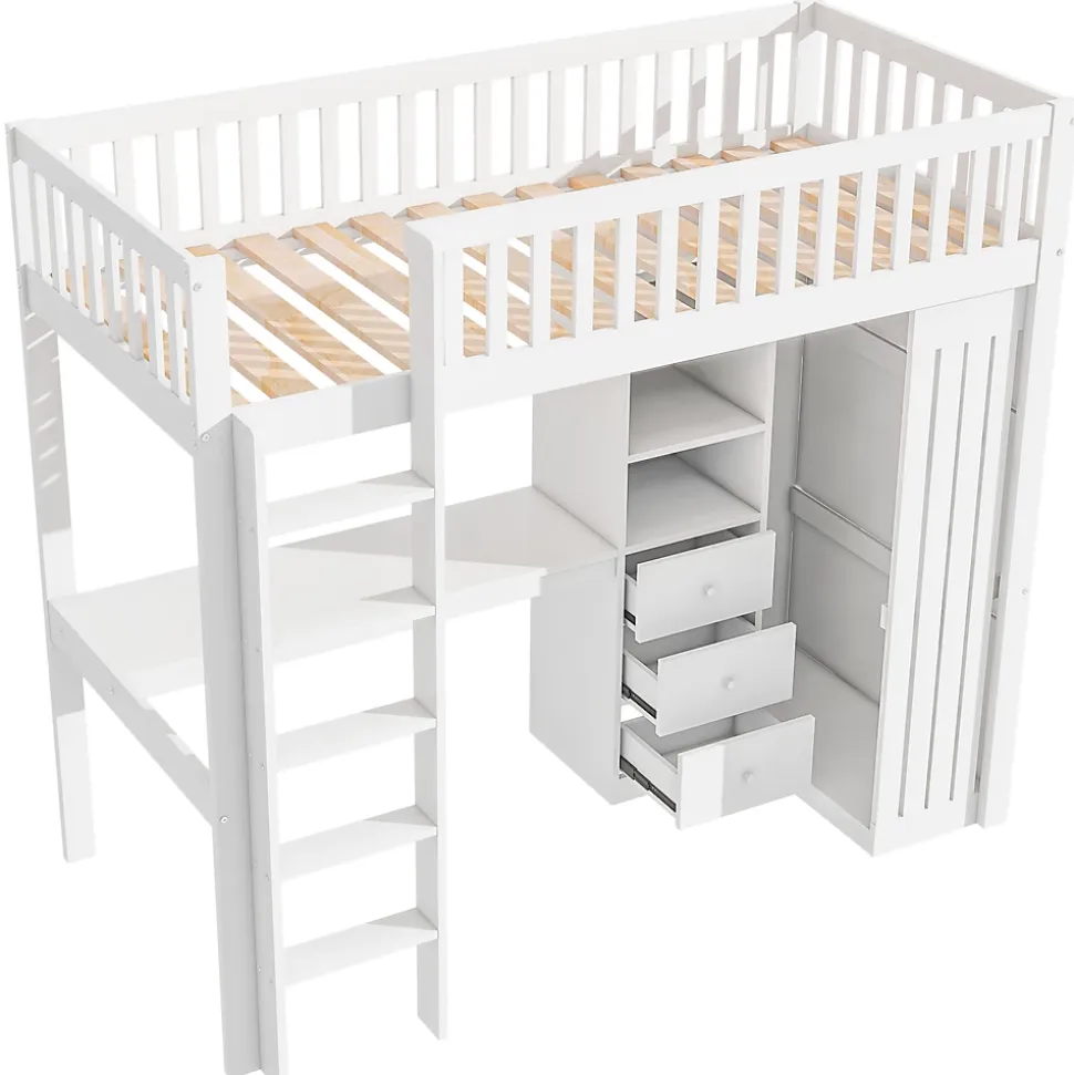 Lit superposé 90x200 cm avec bureau intégré et armoire, structure en pin et MDF, finition blanche