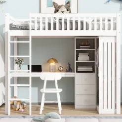 Lit superposé 90x200 cm avec bureau intégré et armoire, structure en pin et MDF, finition blanche