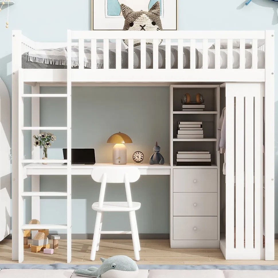 Lit superposé 90x200 cm avec bureau intégré et armoire, structure en pin et MDF, finition blanche