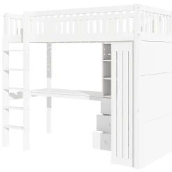 Lit superposé 90x200 cm avec bureau intégré et armoire, structure en pin et MDF, finition blanche