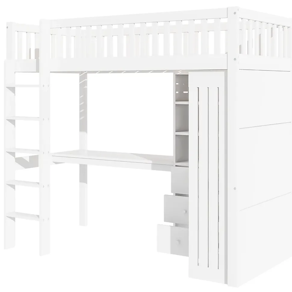 Lit superposé 90x200 cm avec bureau intégré et armoire, structure en pin et MDF, finition blanche