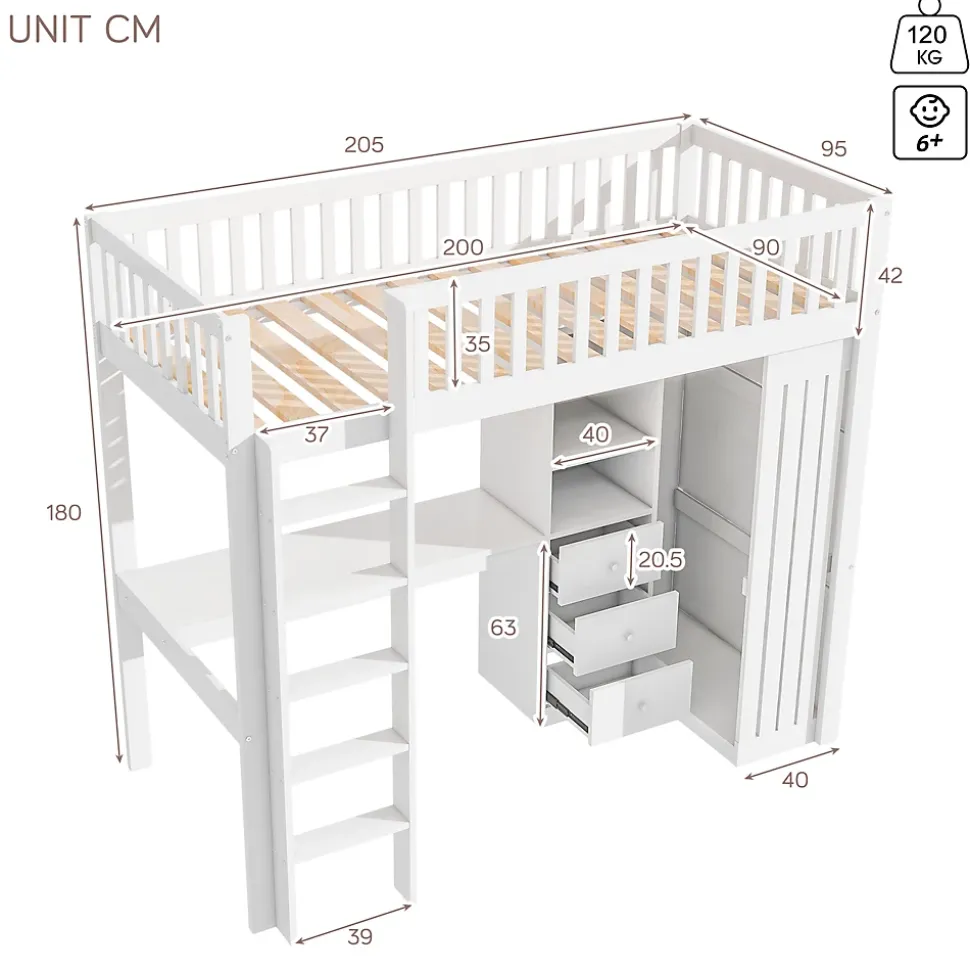 Lit superposé 90x200 cm avec bureau intégré et armoire, structure en pin et MDF, finition blanche