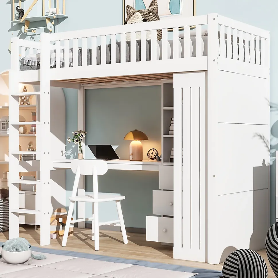 Lit superposé 90x200 cm avec bureau intégré et armoire, structure en pin et MDF, finition blanche