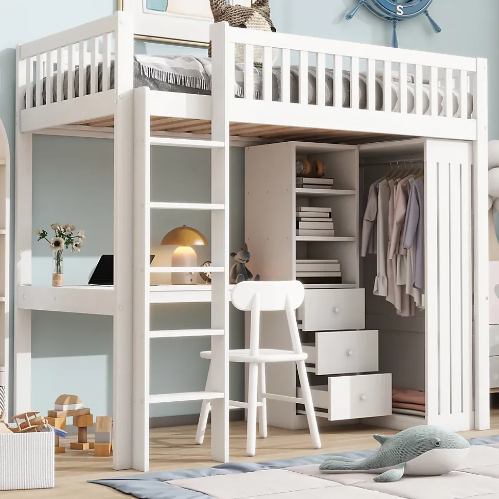 Lit superposé 90x200 cm avec bureau intégré et armoire, structure en pin et MDF, finition blanche