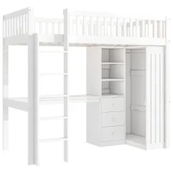 Lit superposé 90x200 cm avec bureau intégré et armoire, structure en pin et MDF, finition blanche