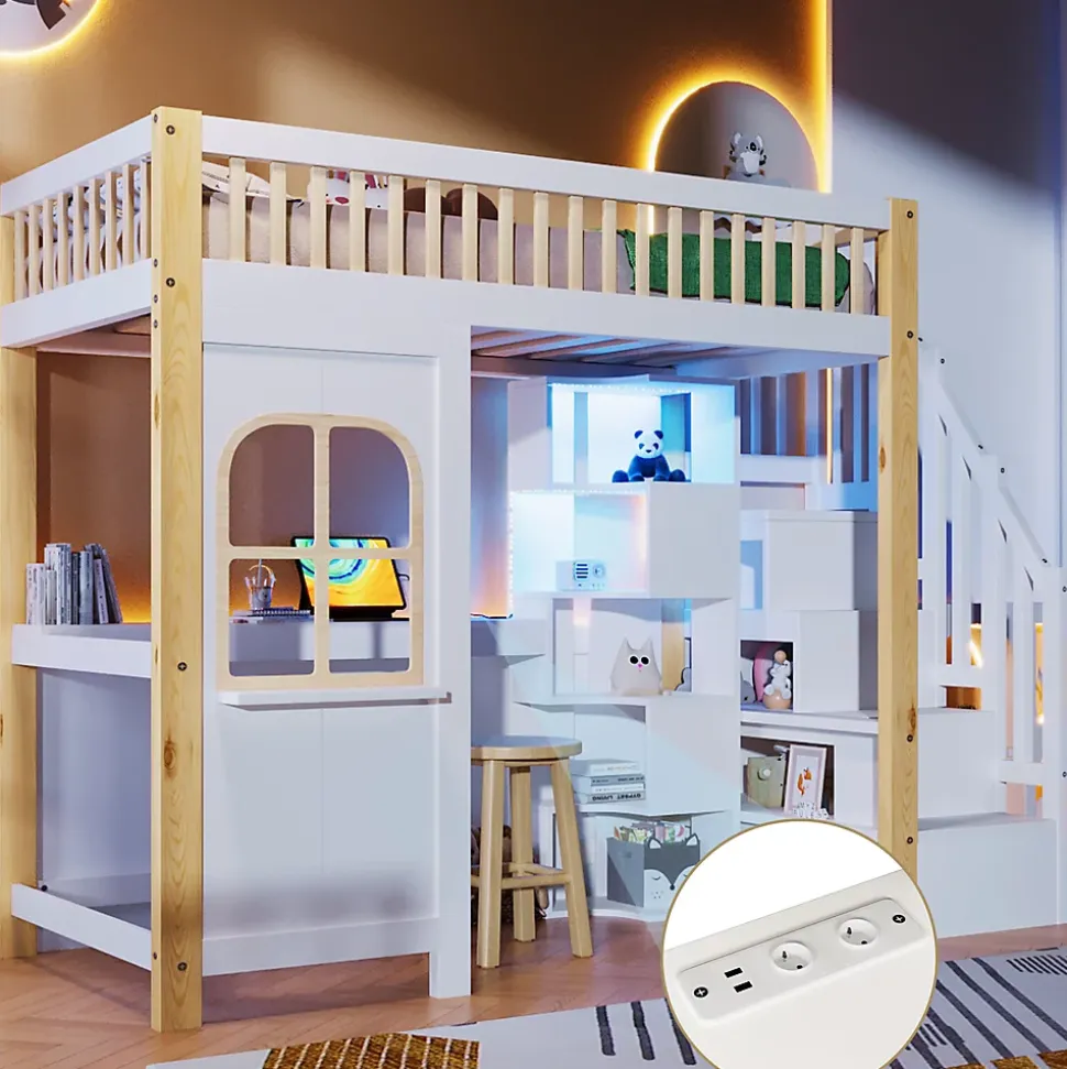 Lit superposé 90x200 cm avec bureau intégré, éclairage LED et échelle à rangements, blanc et bois naturel