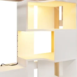 Lit superposé 90x200 cm avec bureau intégré, éclairage LED et échelle à rangements, blanc et bois naturel