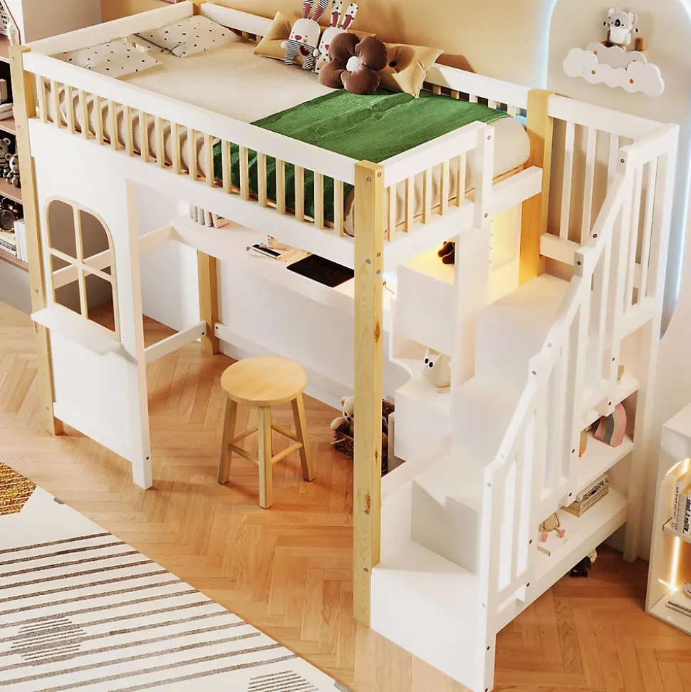 Lit superposé 90x200 cm avec bureau intégré, éclairage LED et échelle à rangements, blanc et bois naturel